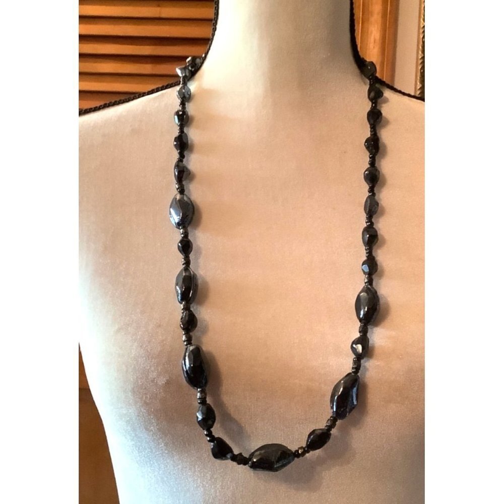 Black Glass Bead Necklace -- 32"